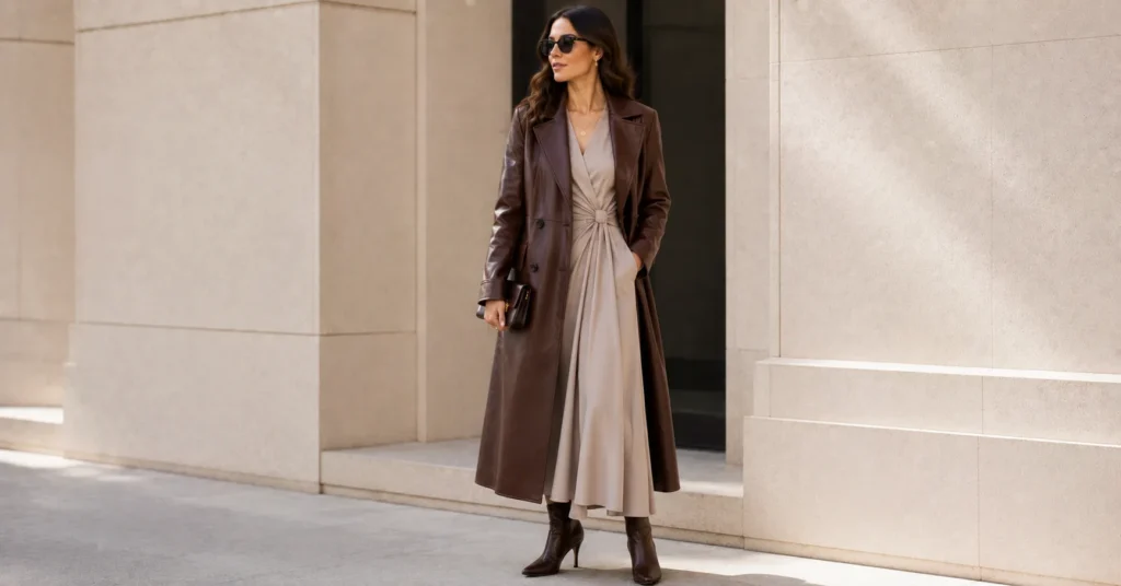 Ladies Brown Coat Trend featuring a stylish brown leather coat for elegant evening outfits