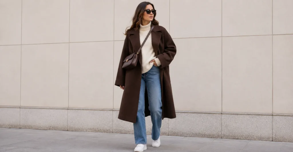 Ladies Brown Coat Trend featuring a stylish oversized brown coat with casual winter layering
