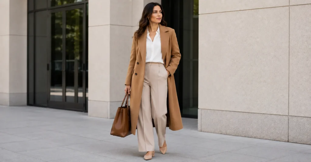 Ladies Brown Coat Trend featuring a tailored brown office coat styled for professional women