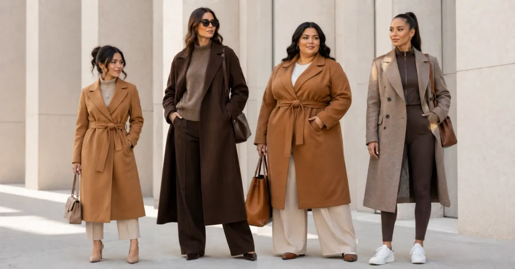 Ladies Brown Coat Trend featuring flattering brown coat styles for different body types in an inclusive fashion guide