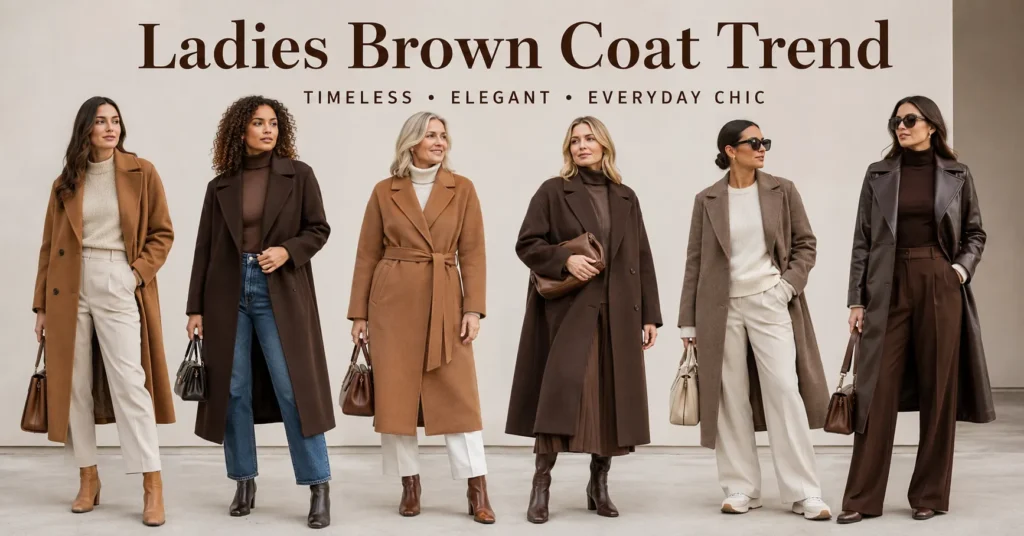 Ladies Brown Coat Trend featuring stylish women wearing camel, chocolate, and tailored brown coats in a modern editorial fashion guide