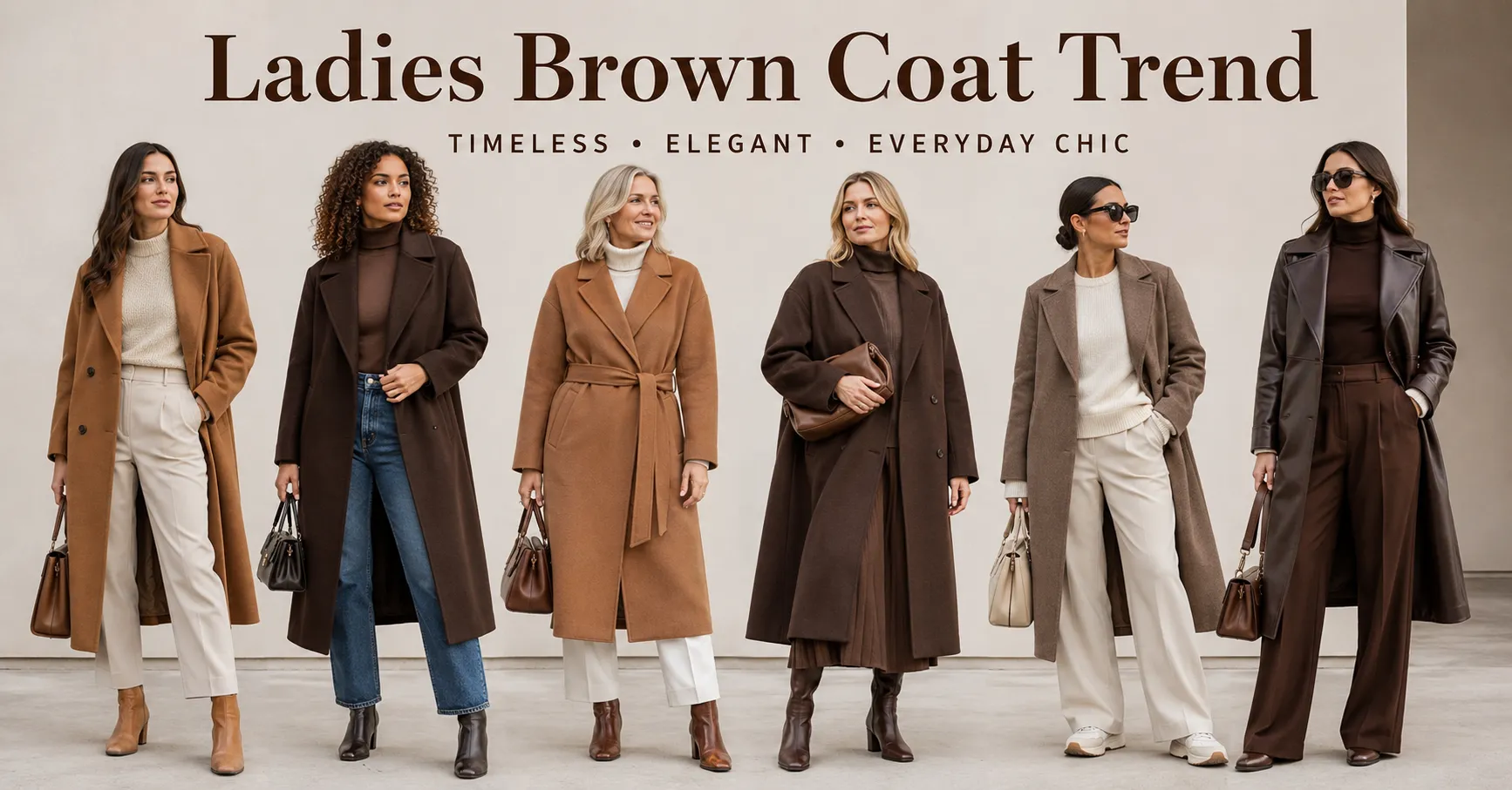 Ladies Brown Coat Trend featuring stylish women wearing camel, chocolate, and tailored brown coats in a modern editorial fashion guide