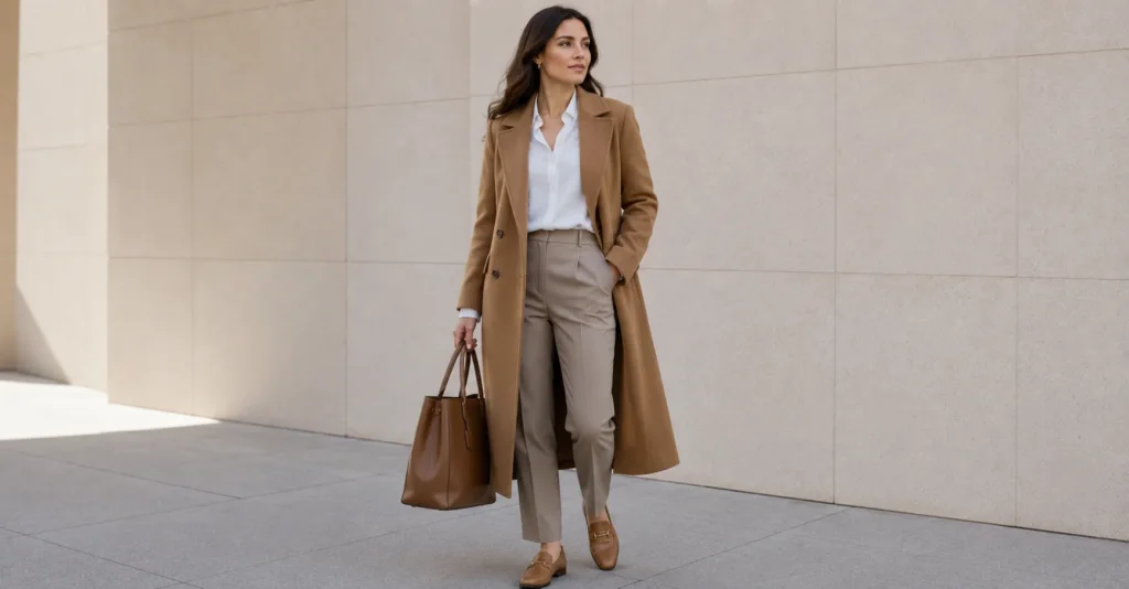 Ladies Brown Coat Trend highlighting a timeless tailored wool brown coat for office style