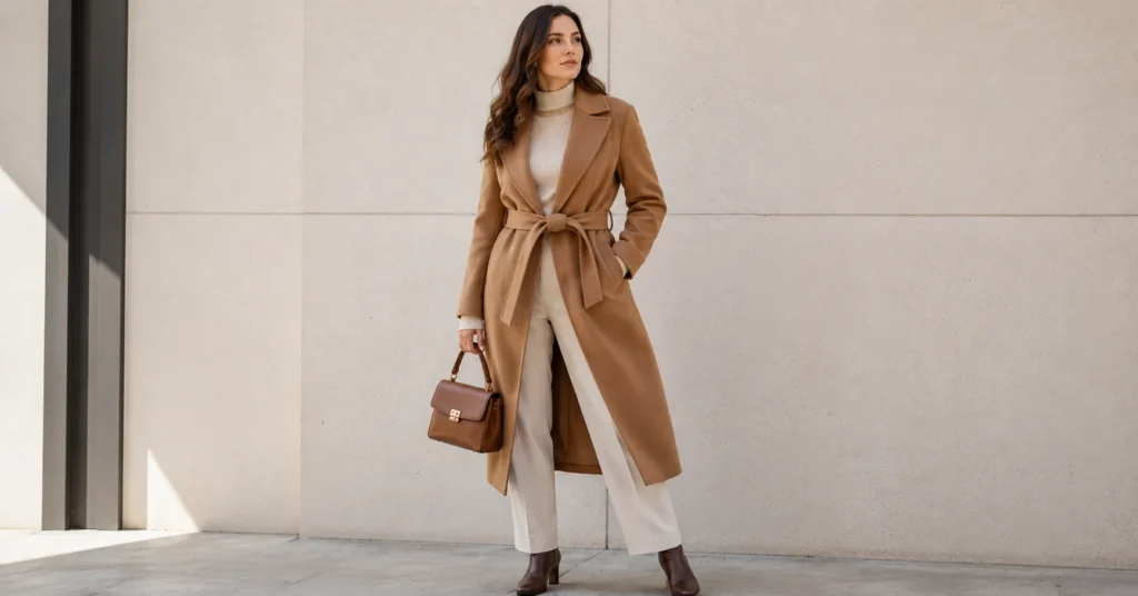Ladies Brown Coat Trend showcasing an elegant belted camel brown coat styled for polished everyday fashion
