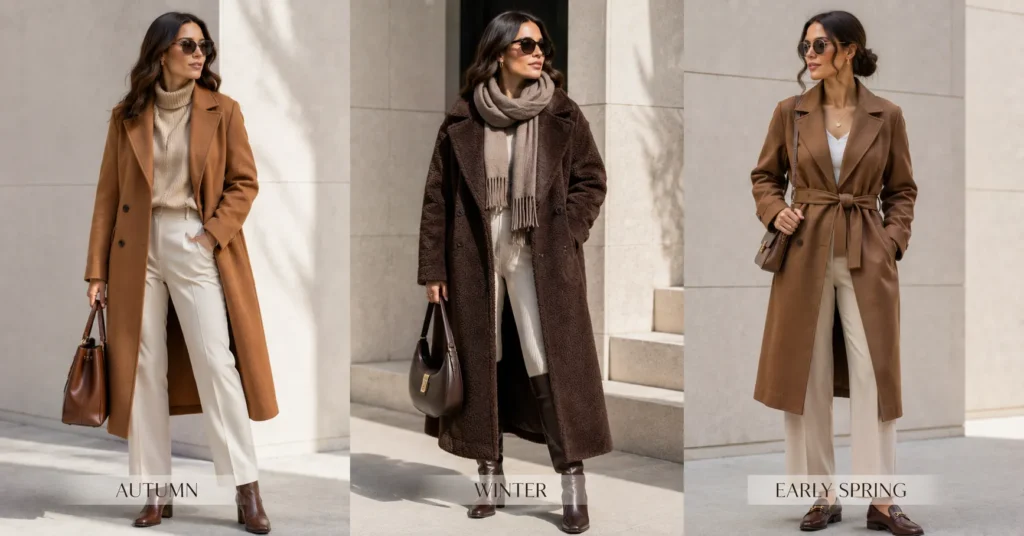 Ladies Brown Coat Trend showing stylish brown coat outfits for autumn, winter, and early spring