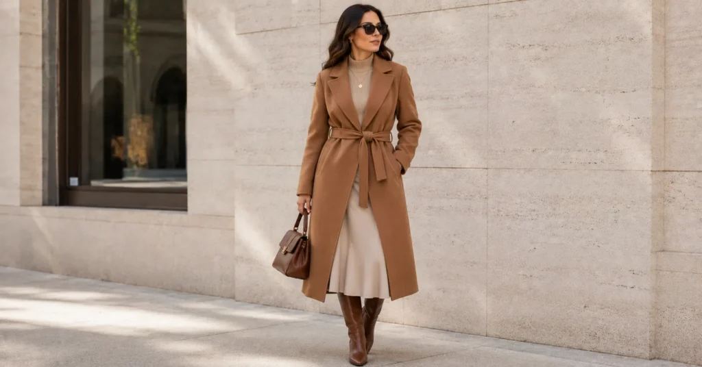 Ladies Brown Coat Trend styled with a belted brown coat and midi skirt for smart casual fashion