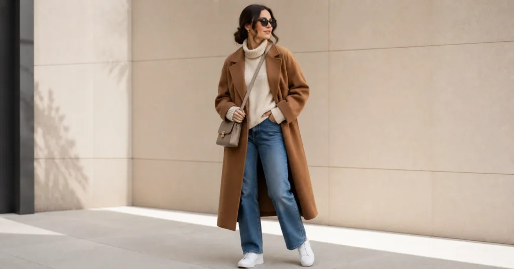 Ladies Brown Coat Trend with a casual oversized brown coat and jeans for weekend outfits.