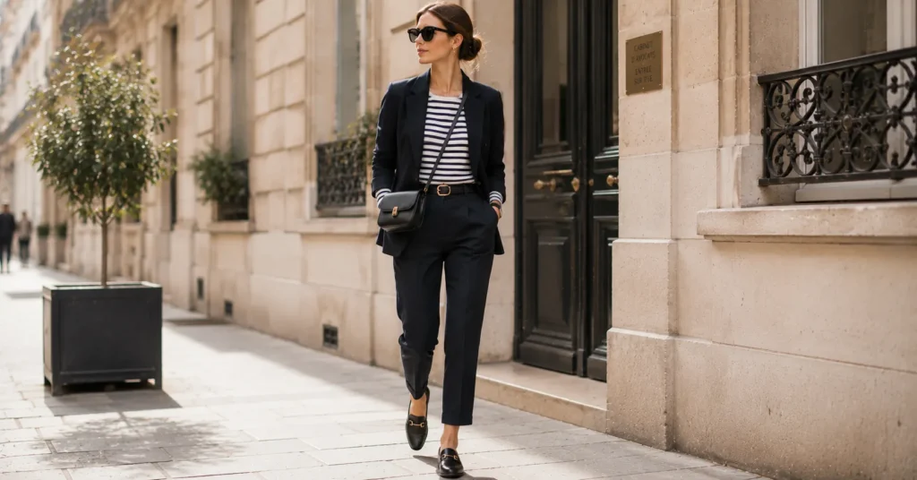 Parisian Outfits: The Ultimate Guide to Effortless French Style 10 Layered Parisian Outfits with a Breton striped top, blazer and loafers