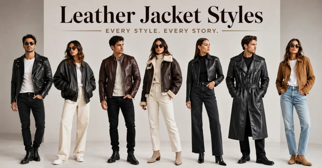 The Complete Guide to Leather Jacket Styles for Every Wardrobe 2 Leather Jacket Styles guide featuring biker, bomber, café racer, aviator, trench, suede, and cropped leather jackets.