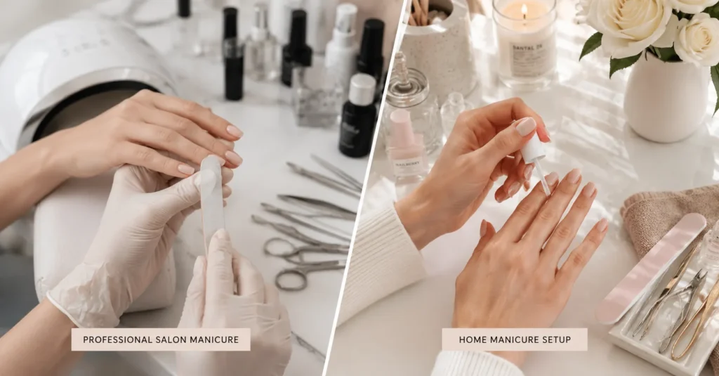 Minimal Nail Designs: Clean, Classy Nail Art That Never Goes Out of Style 14 Minimal Nail Designs comparison showing professional salon manicure versus at-home nail care