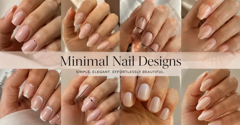 Minimal Nail Designs featuring elegant nude nails, micro French tips, negative space nails, and minimalist nail art in a modern beauty editorial