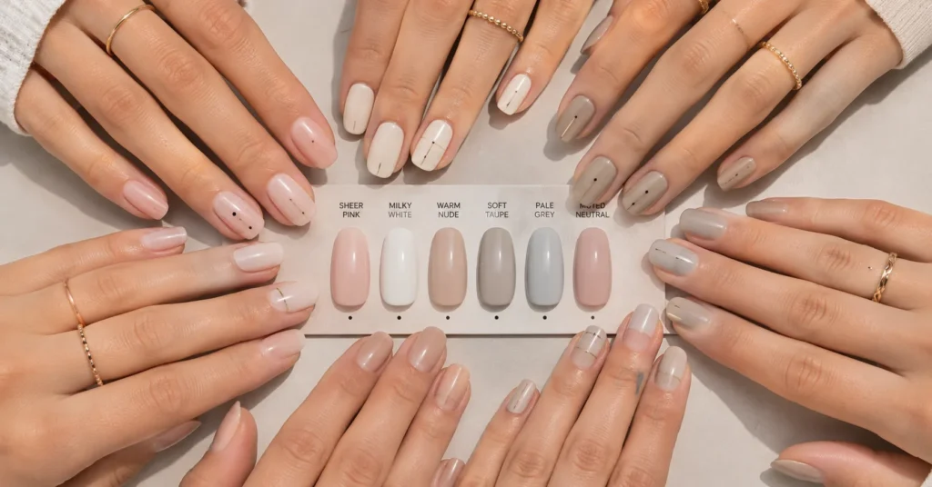 Minimal Nail Designs: Clean, Classy Nail Art That Never Goes Out of Style 8 Minimal Nail Designs showing the best neutral nail colours including nude, pink, white, taupe, and grey