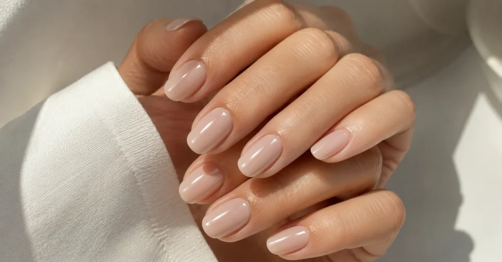 Minimal Nail Designs: Clean, Classy Nail Art That Never Goes Out of Style 3 Minimal Nail Designs with elegant glossy nude nails on natural healthy hands