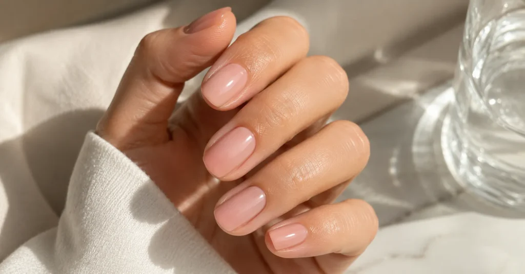Minimal Nail Designs: Clean, Classy Nail Art That Never Goes Out of Style 5 Minimal Nail Designs with glossy clean girl nails in sheer pink and natural finish