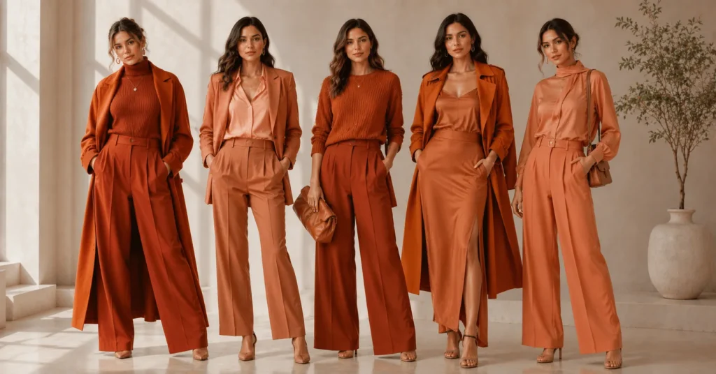 Orange Clothing Outfits styled in a monochromatic palette of peach, terracotta, rust, and burnt orange.