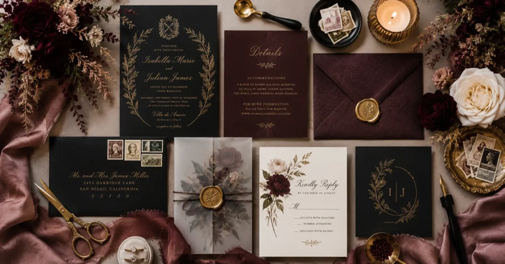 Moody Wedding Aesthetic: How to Create a Dark, Romantic Celebration 9 Moody Wedding Aesthetic invitation and stationery design featuring luxury black burgundy cards and gold details