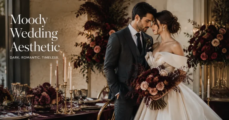 Moody Wedding Aesthetic with romantic burgundy florals, elegant bridal style, candlelight decor, and luxury wedding inspiration