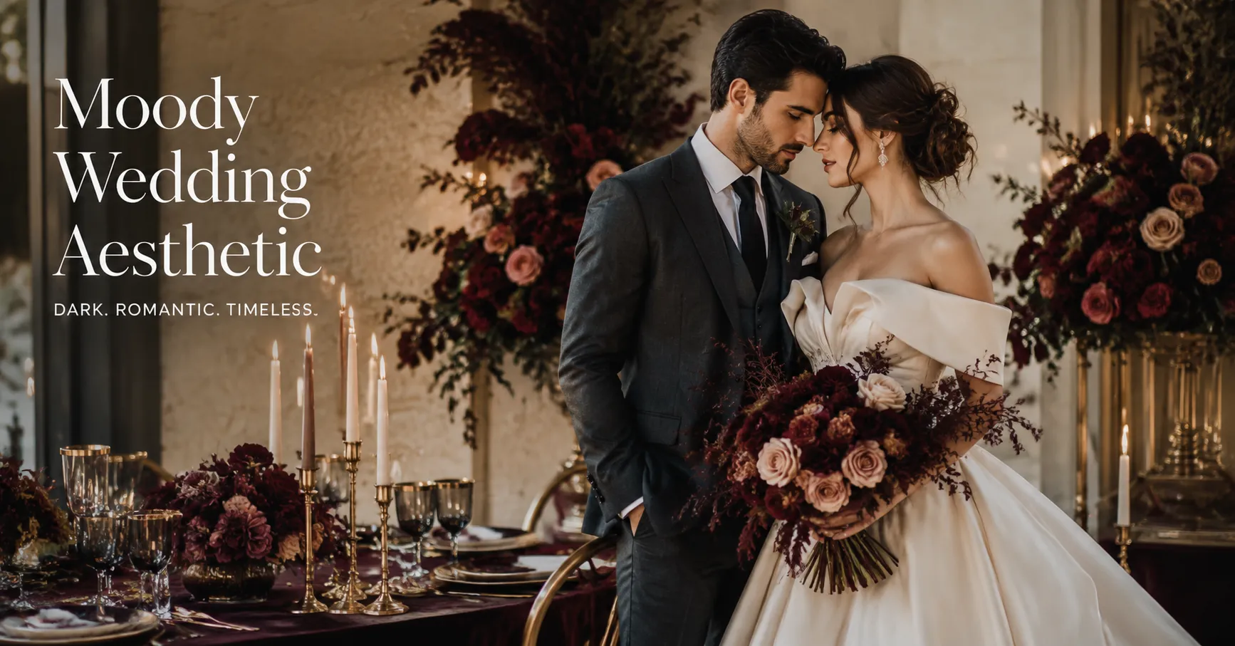 Moody Wedding Aesthetic with romantic burgundy florals, elegant bridal style, candlelight decor, and luxury wedding inspiration