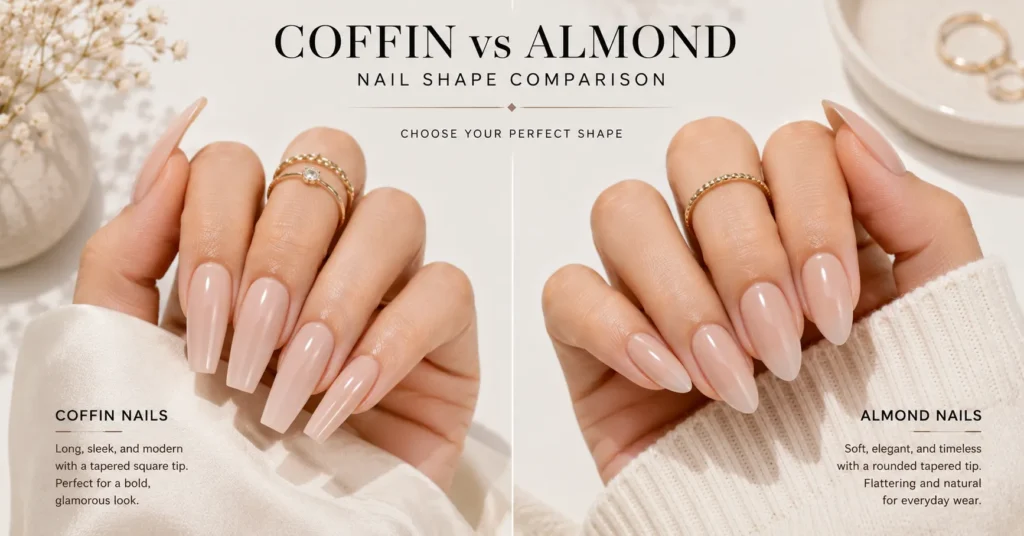 Nail Set Colors and Styles comparing coffin and almond nail shapes