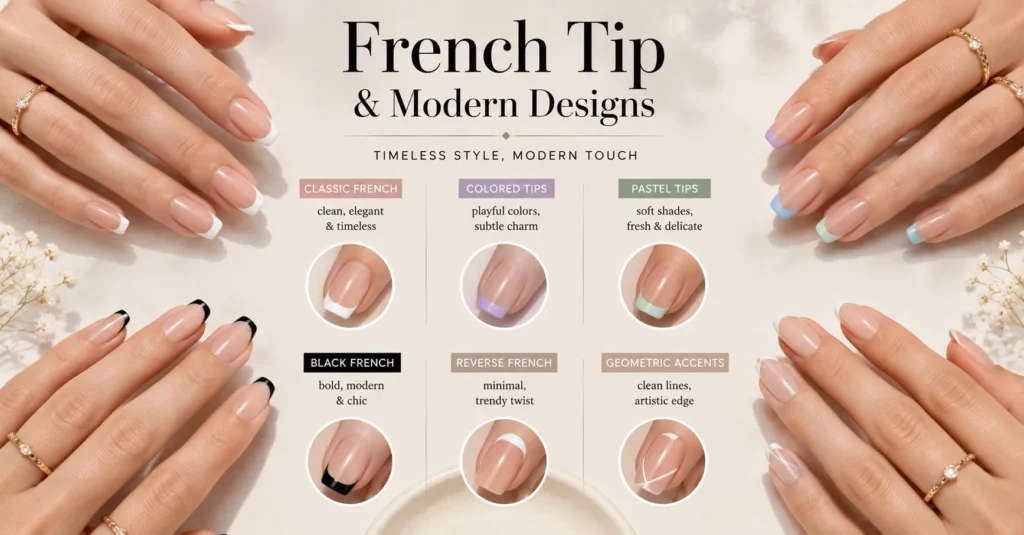 Nail Set Colors and Styles featuring modern French tip nail designs