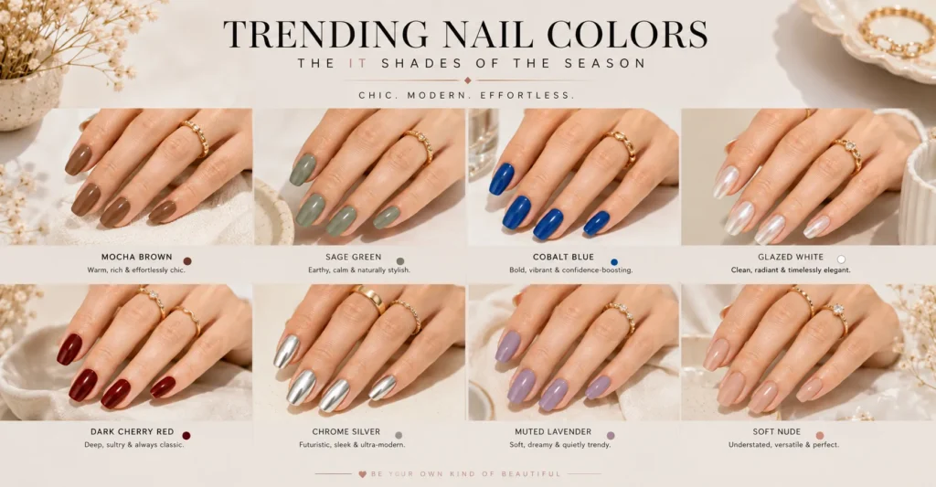 Nail Set Colors and Styles featuring the latest trending nail colors for modern manicures