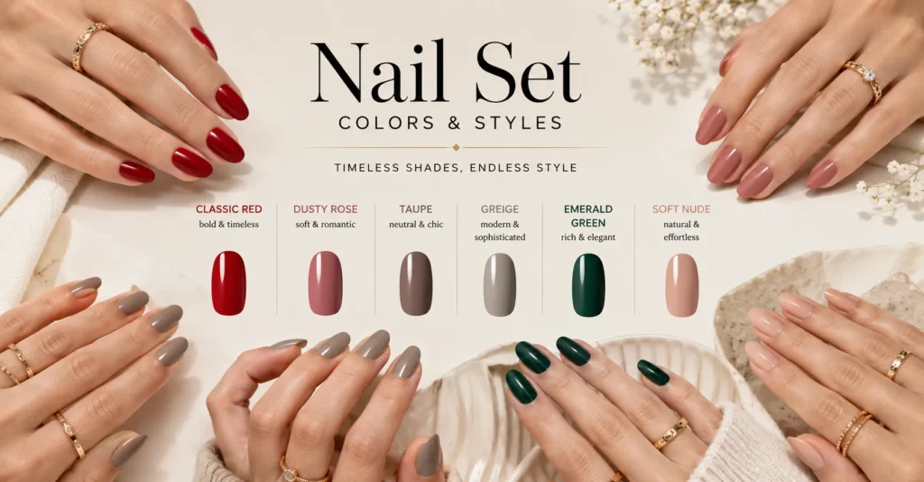 Nail Set Colors and Styles for neutral skin tones with versatile nail colors