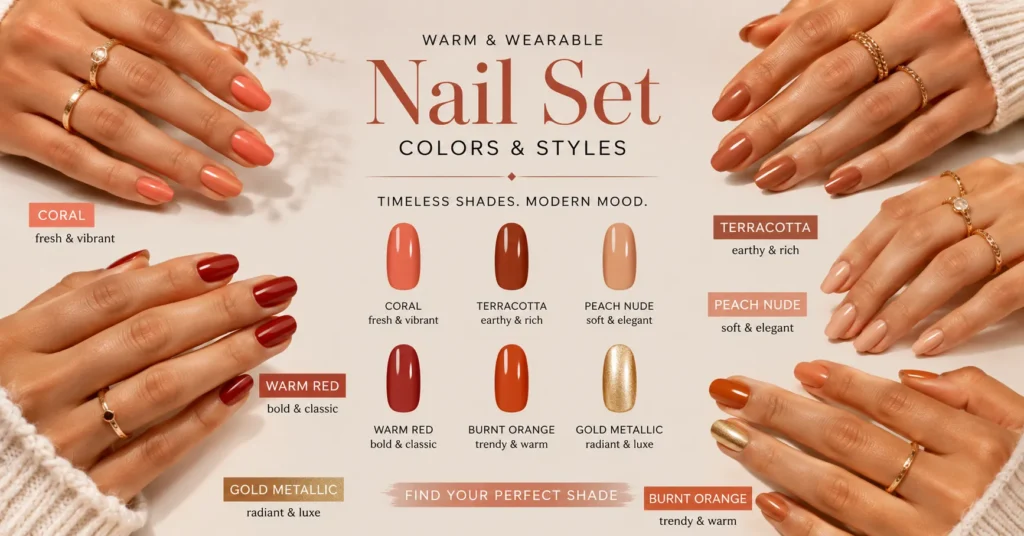 Nail Set Colors and Styles for warm skin tones with flattering nail colors