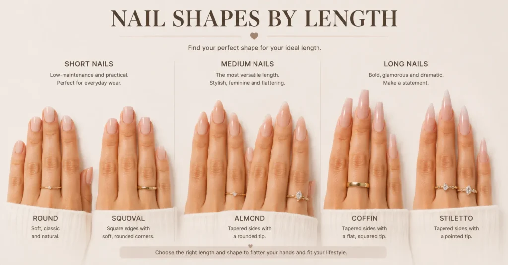 Nail Shapes based on nail length showing short medium and long manicure options