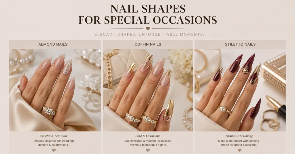 Nail Shapes for special occasions featuring elegant glamorous manicure designs