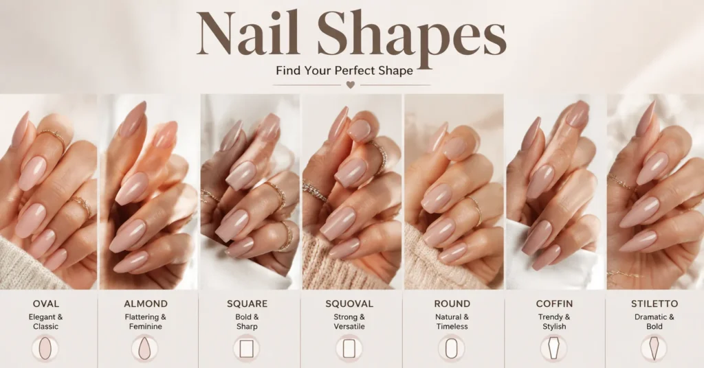 Nail Shapes guide featuring elegant oval, almond, square, squoval, round, coffin, and stiletto nail designs