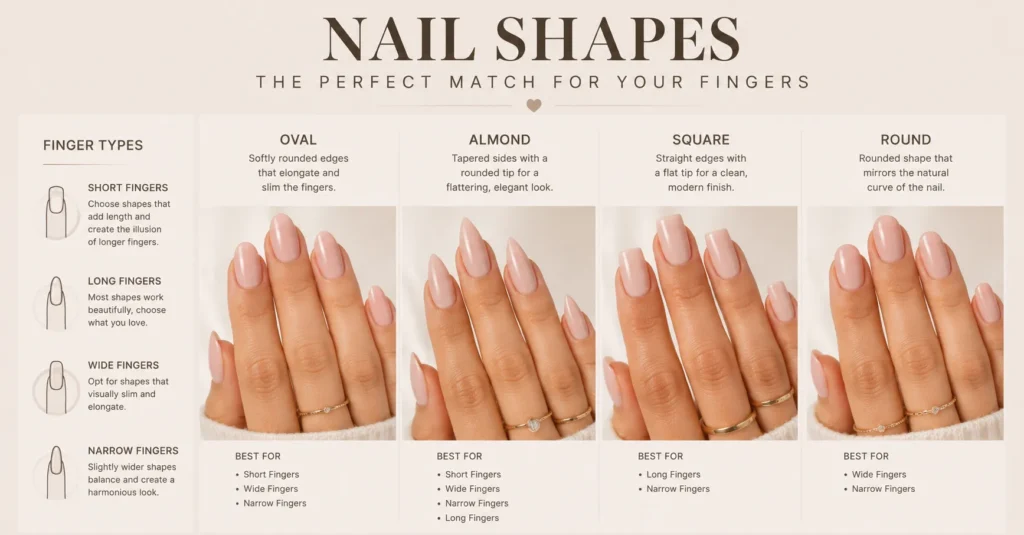 Nail Shapes matched to finger shape for choosing the most flattering manicure style