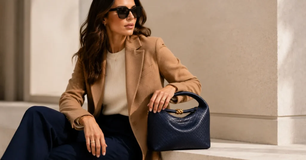 The Ultimate Blue Bottega Outfit Guide: Bold Ways to Wear Signature Color 8 Navy Blue Bottega Outfit featuring timeless luxury styling with elegant accessories
