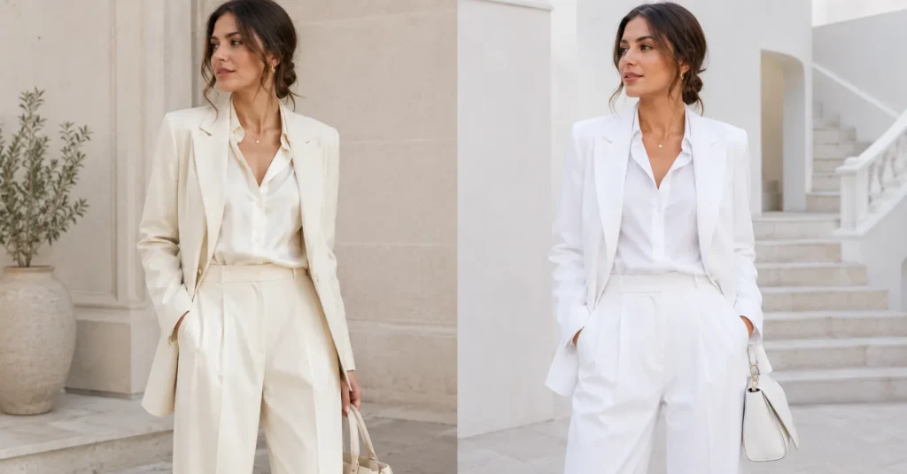 Off White Outfits compared with pure white clothing to highlight warm and cool neutral tones