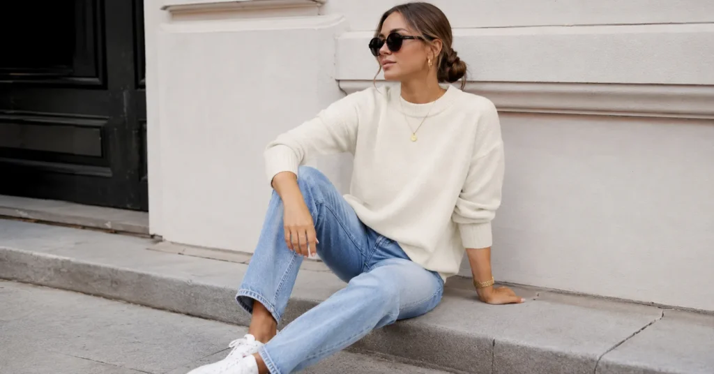 Off White Outfits for casual everyday style featuring cream knitwear and denim