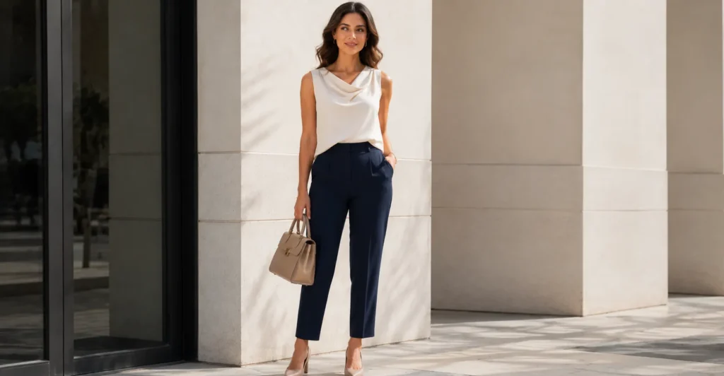 The Complete Asymmetrical Top Outfit Guide: Styling That Actually Works 5 Office Asymmetrical Top Outfit with a draped blouse, tailored trousers, and polished workwear accessories.