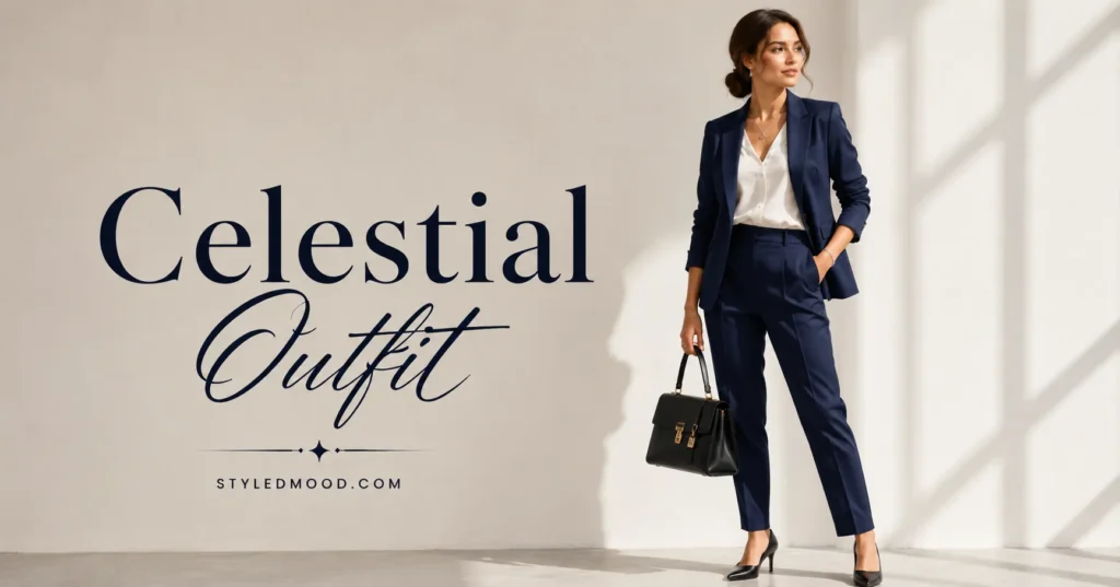 The Celestial Outfit Guide Stylists Wish You Had 4 Professional Celestial Outfit with a navy tailored suit and elegant constellation jewelry.