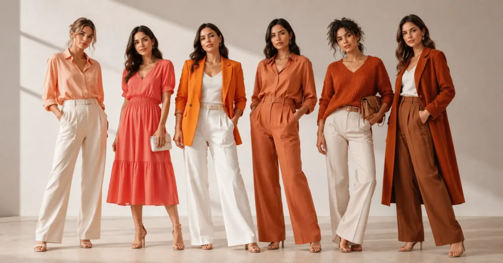 Orange Clothing Outfits showcasing different shades including peach, coral, tangerine, terracotta, rust, and burnt orange.