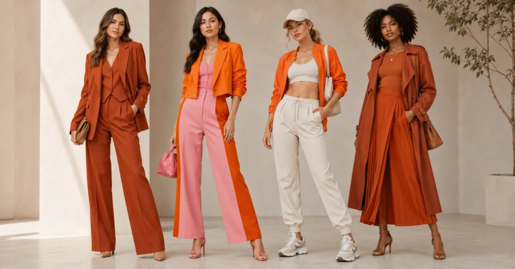 Orange Clothing Outfits showcasing modern trends including terracotta tailoring, color blocking, and bright orange fashion accents.