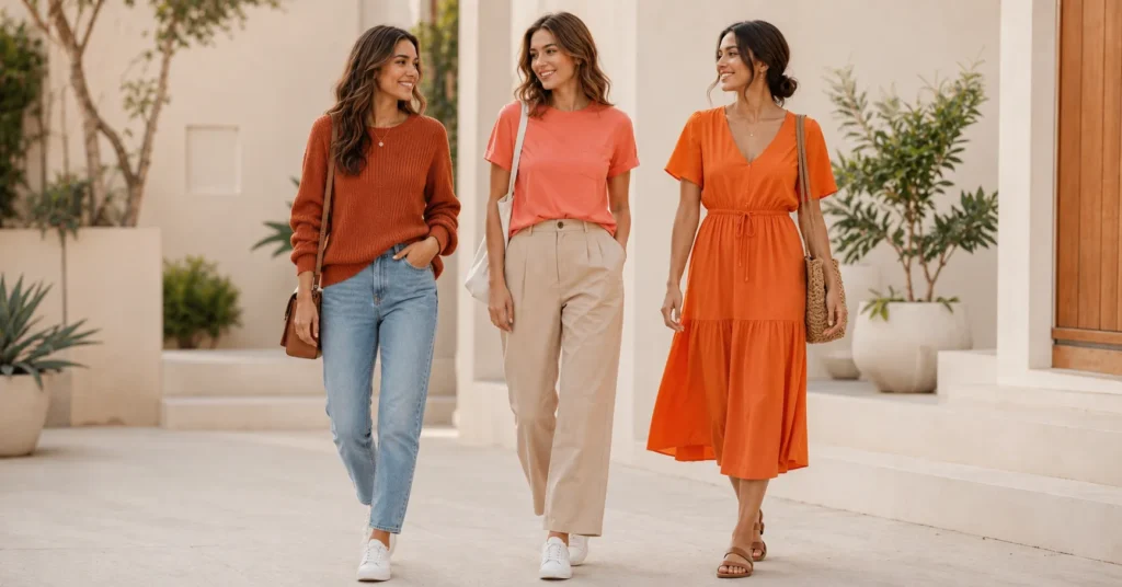 Orange Clothing Outfits styled casually with jeans, neutral trousers, sneakers, and a relaxed orange midi dress.
