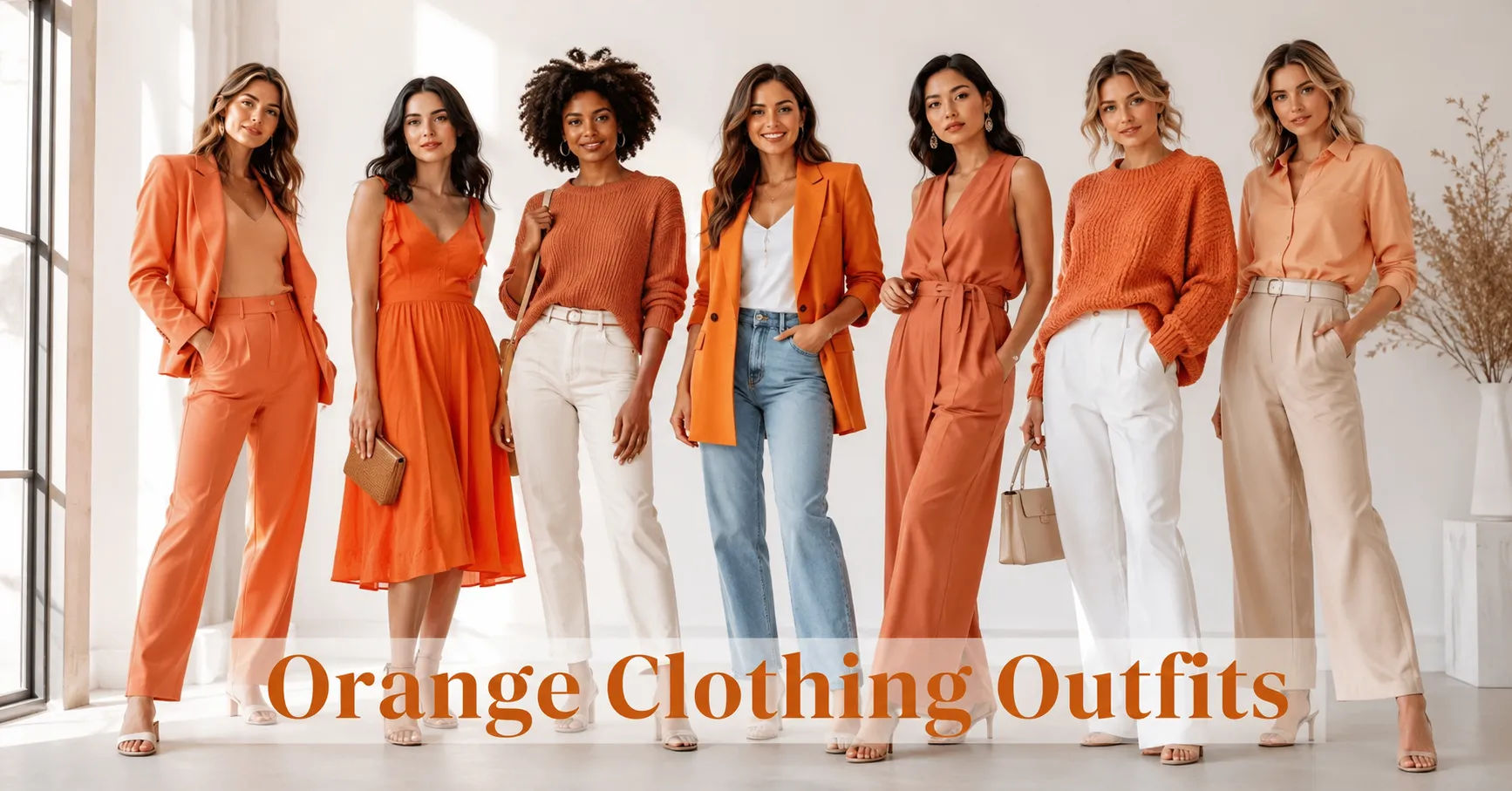 Home 11 Orange Clothing Outfits featuring stylish adult women in peach, tangerine, terracotta, rust, and burnt orange fashion.