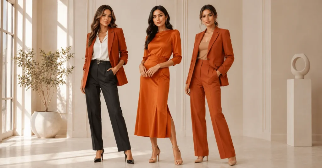 Orange Clothing Outfits for formal occasions featuring rust tailoring, a burnt orange dress, and a terracotta suit.