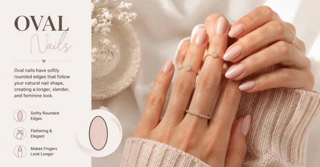 Oval Nails with elegant rounded manicure style for a flattering natural look
