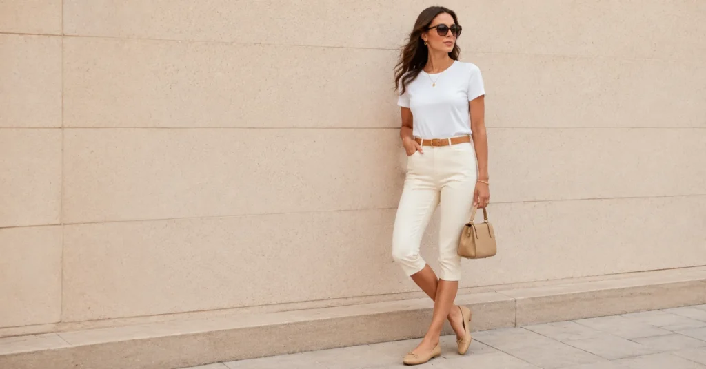 15 Pedal Pushers Outfits: Chic Ways to Style Capri Pants in 2026 13 Pedal Pushers Outfits with a white T-shirt and classic ballet flats