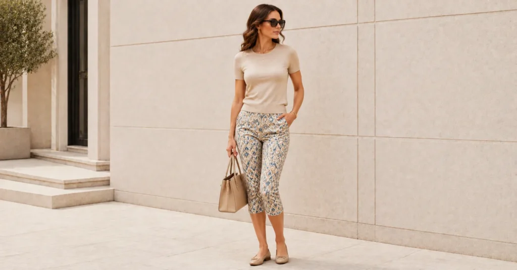 15 Pedal Pushers Outfits: Chic Ways to Style Capri Pants in 2026 22 Pedal Pushers Outfits featuring printed capri pants with a neutral top