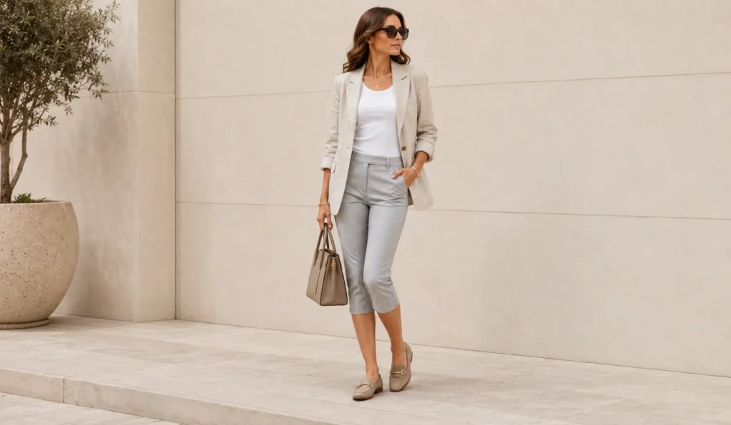 15 Pedal Pushers Outfits: Chic Ways to Style Capri Pants in 2026 23 Pedal Pushers Outfits with a lightweight blazer and tailored capri pants