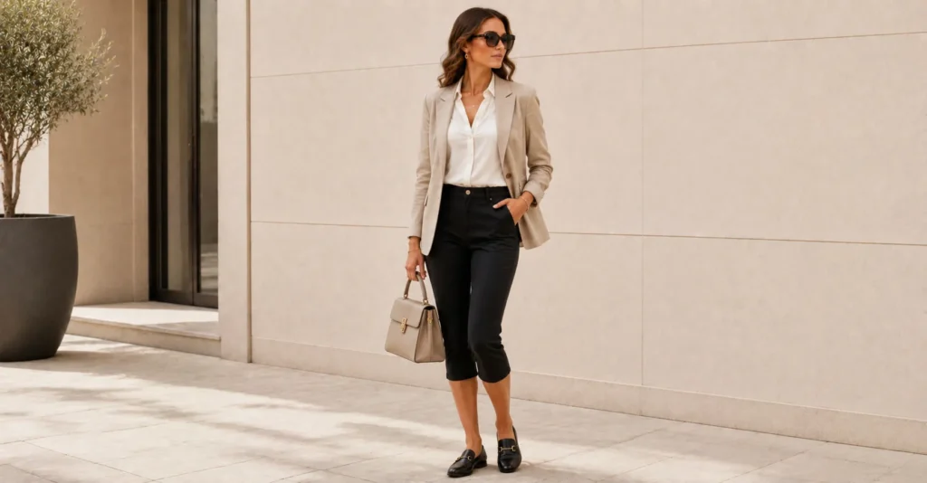 15 Pedal Pushers Outfits: Chic Ways to Style Capri Pants in 2026 25 Pedal Pushers Outfits for work with a blazer, button-down shirt and loafers
