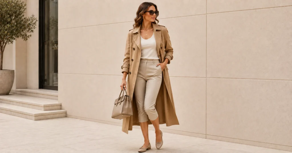 15 Pedal Pushers Outfits: Chic Ways to Style Capri Pants in 2026 27 Pedal Pushers Outfits with a trench coat and classic ballet flats for 2026 style