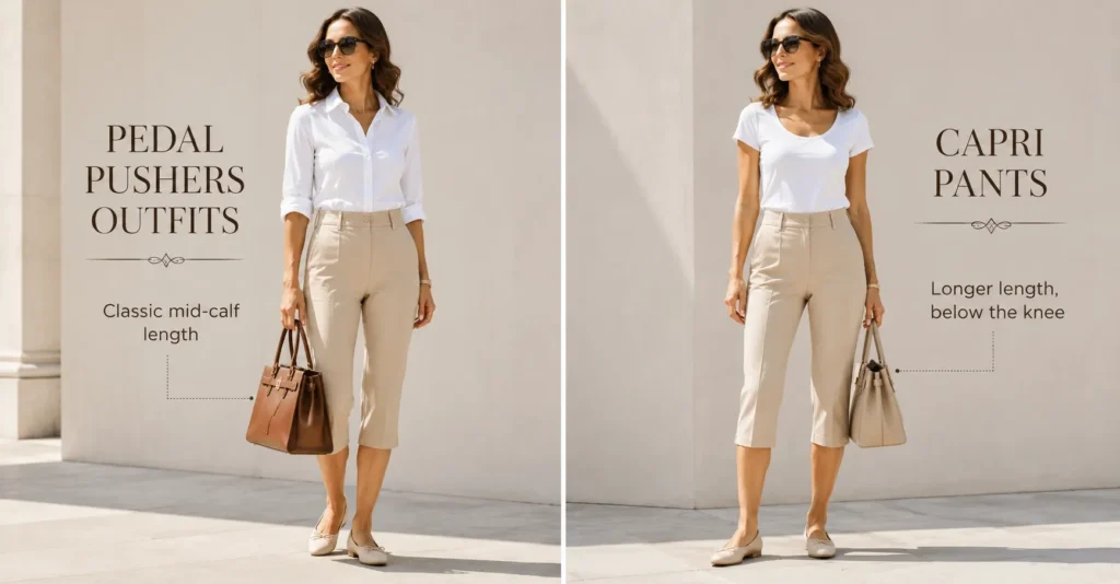 Pedal Pushers Outfits compared with capri pants to highlight the difference in length