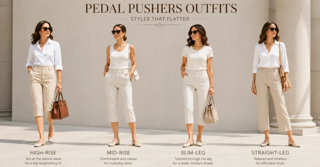 Pedal Pushers Outfits showing different fits, rises and fabric choices