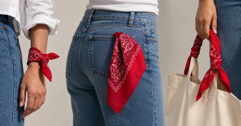 Red Bandana Outfit ideas using a red bandana as a wrist, pocket, and bag accessory